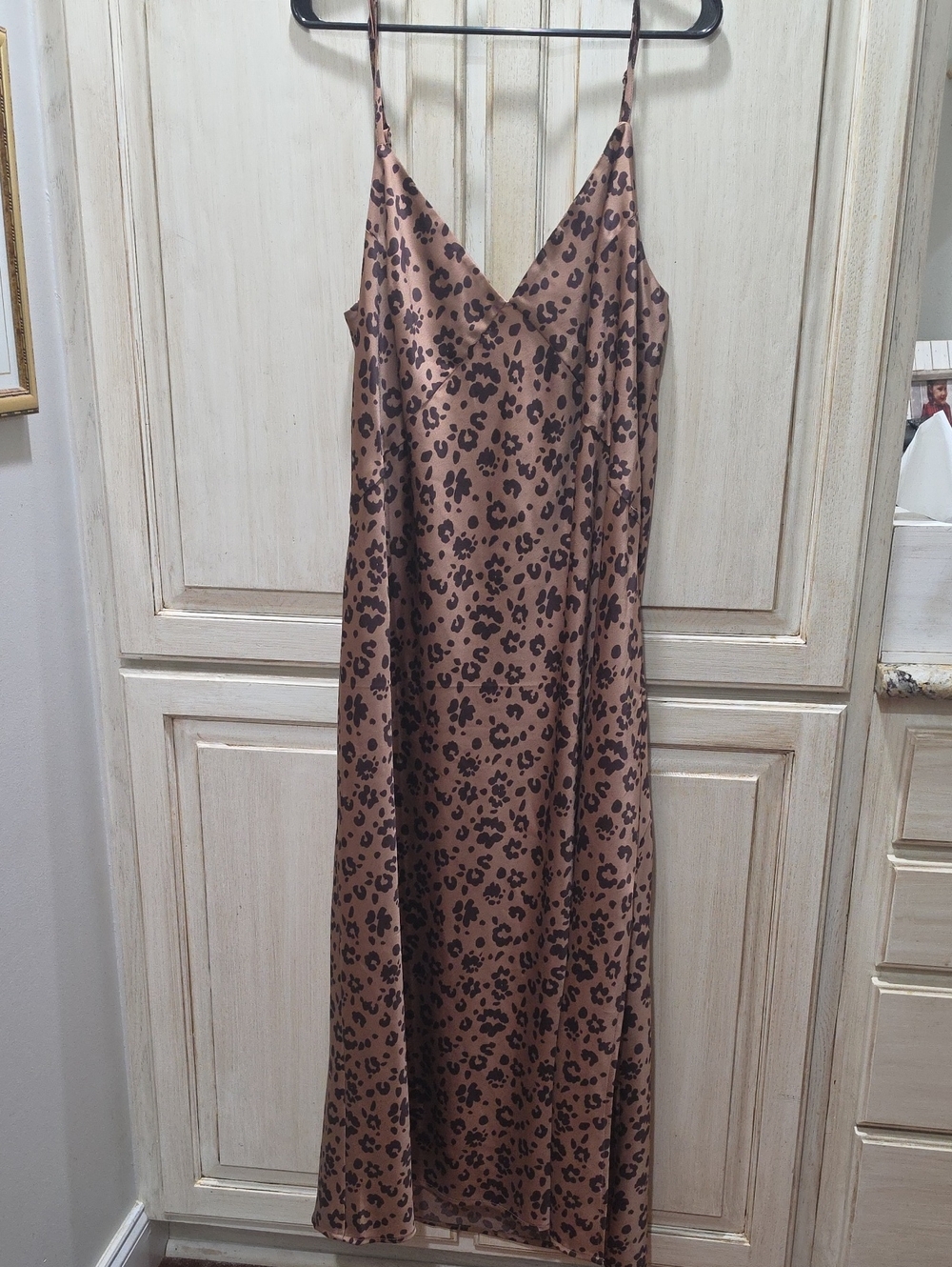 Leopard Print Satin Slip Dress - Brown and Black 100% Polyester